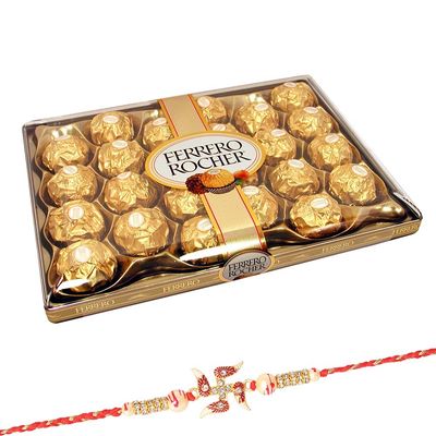 Astonished Retail Box of Delicious Ferrero Rocher Chocolates (24 pcs) | Swastik Rakhi with Chocolate for Brother | Rakhi Chocolate Hamper | Roli, Chawal, Chandan, Misri | 663