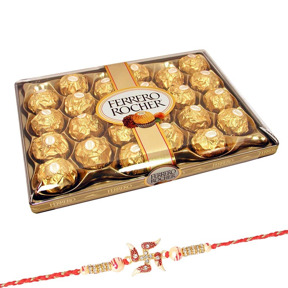 Astonished Retail Box of Delicious Ferrero Rocher Chocolates (24 pcs) | Swastik Rakhi with Chocolate for Brother | Rakhi Chocolate Hamper | Roli, Chawal, Chandan, Misri | 663