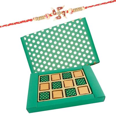 Astonished Retail 12 Pieces Homemade Chocolates in Green Box | Swastik Rakhi with Chocolate for Brother | Rakhi Chocolate Hamper | Roli, Chawal, Chandan, Misri | 230
