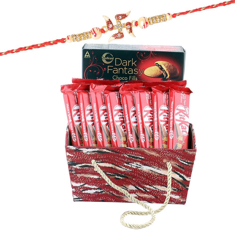 Astonished Retail Sweet Gift Hamper for Kitkat Lovers | Swastik Rakhi with Chocolate for Brother | Rakhi Chocolate Hamper | Roli, Chawal, Chandan, Misri | 427