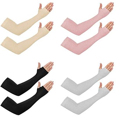 NESVIB 4 Pairs Biker/Sports Full Arm Fingerless Sleeves Gloves for UV, Dust, Summer, Sun Protection for men and Women (Black, Beige, Pink & Grey)
