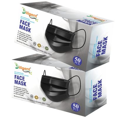 Diligent- We Care For your Life Black Non-Woven Fabric 3 Layer Surgical Disposable Certified Face Mask With Nose Clip and Soft Ear loop (Black-100 Masks) For Men & Women