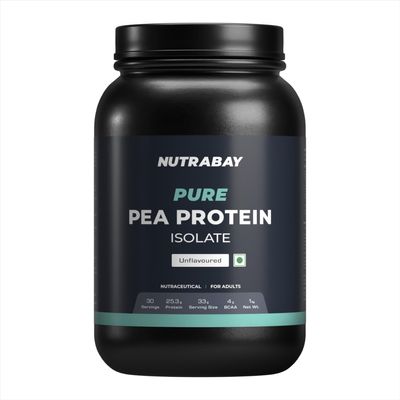 Nutrabay Pure Pea Protein Isolate - 25.3g Protein, 5g BCAA, Designed for Meal Supplementation, Easy to Digest Plant Protein for Muscle Growth & Recovery - 1 Kg Unflavoured, 30 Servings