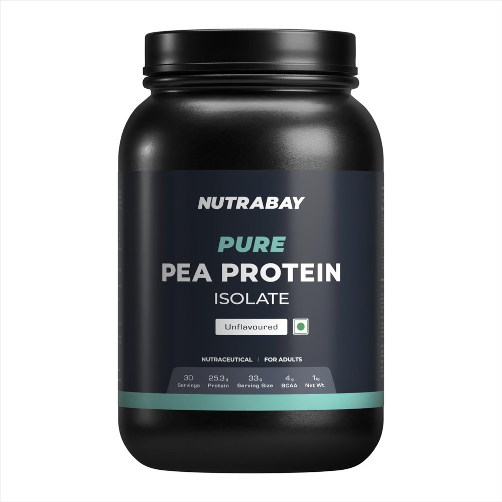 Nutrabay Pure Pea Protein Isolate - 25.3g Protein, 5g BCAA, Designed for Meal Supplementation, Easy to Digest Plant Protein for Muscle Growth & Recovery - 1 Kg Unflavoured, 30 Servings