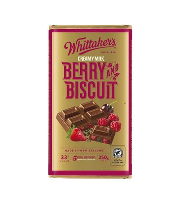 Whittaker's 5 Roll Refined 33% Cocoa Creamy Milk Berry & Biscuit Chocolate Bar - 250 Gram