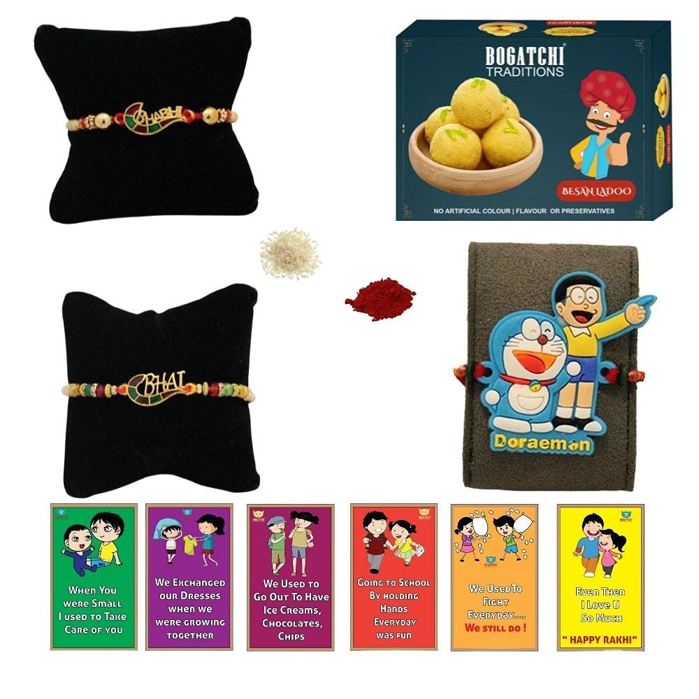 BOGATCHI Rakhi Gift for Brother | Rakhi with Sweets Combo | Rakhi Set with Sweets |Rakhi Gift Combo for Brother|Rakhi Set|Besan Ladoo + Rakhi Set of 3 +Roli Chawal+ Rakhi Story Card |BESRKHI-3-56