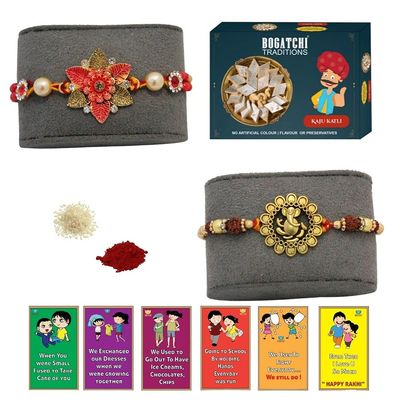 BOGATCHI Rakhi with Sweets, Rakhi for brother with sweets, Rakhi with sweets for brother, Rakhi for brother with gift sweets, Kaju Katli + Rakhi Set of 2 +Roli Chawal+ Rakhi Story Card |KAJURKHI-2-72