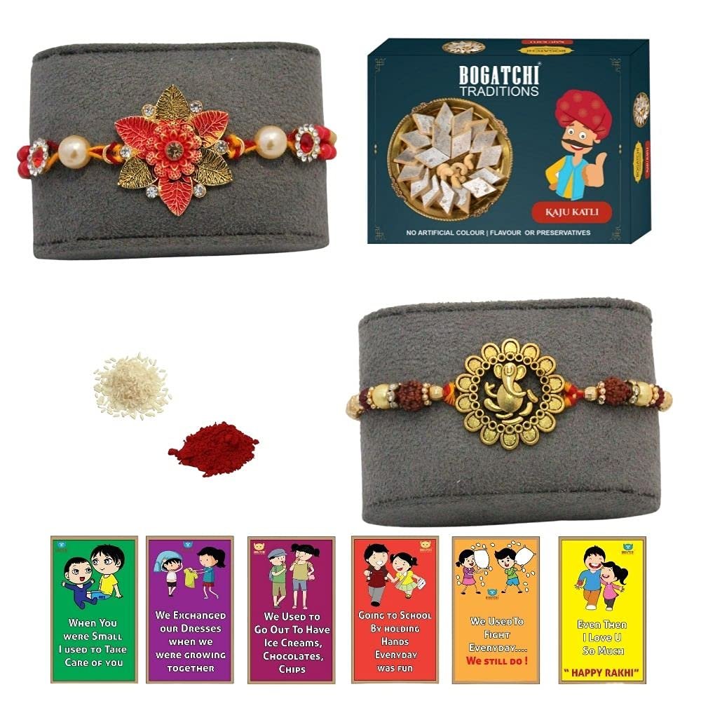 BOGATCHI Rakhi with Sweets, Rakhi for brother with sweets, Rakhi with sweets for brother, Rakhi for brother with gift sweets, Kaju Katli + Rakhi Set of 2 +Roli Chawal+ Rakhi Story Card |KAJURKHI-2-72
