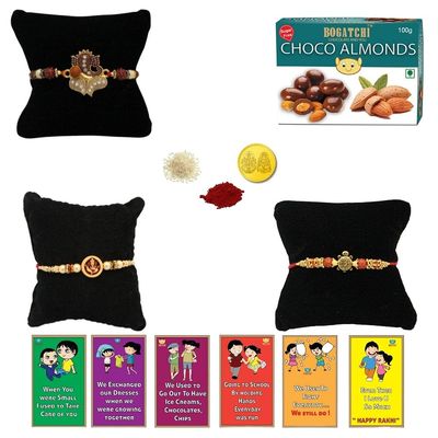 BOGATCHI Rakhi with SugarFree Chocolates Combo|Rakhi Set with Sugar Free Chocolates |Rakhi and Sugar Free Chocolate Almonds(100g)+Rakhi(3) +Roli Chawal+ Rakhi Card +Gold Coin|ChAlmd019