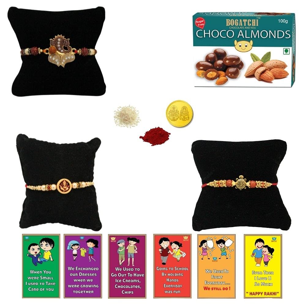 BOGATCHI Rakhi with SugarFree Chocolates Combo|Rakhi Set with Sugar Free Chocolates |Rakhi and Sugar Free Chocolate Almonds(100g)+Rakhi(3) +Roli Chawal+ Rakhi Card +Gold Coin|ChAlmd019