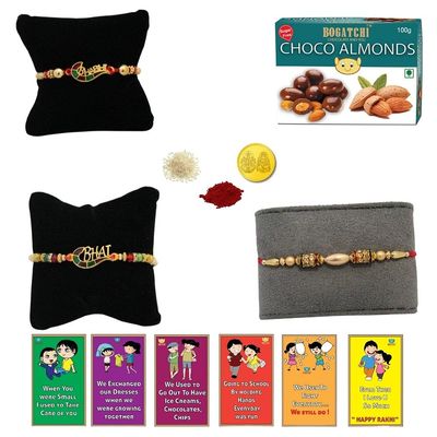 BOGATCHI Rakhi with SugarFree Chocolates Combo|Rakhi Set with Sugar Free Chocolates |Rakhi and Sugar Free Chocolate Almonds(100g)+Rakhi(3) +Roli Chawal+ Rakhi Card +Gold Coin|ChAlmd010