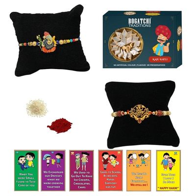 BOGATCHI Rakhi with Sweets, Rakhi for brother with sweets, Rakhi with sweets for brother, Rakhi for brother with gift sweets, Kaju Katli + Rakhi Set of 2 +Roli Chawal+ Rakhi Story Card |KAJURKHI-2-85
