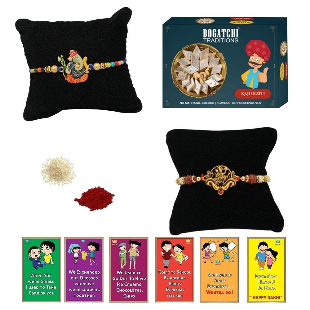 BOGATCHI Rakhi with Sweets, Rakhi for brother with sweets, Rakhi with sweets for brother, Rakhi for brother with gift sweets, Kaju Katli + Rakhi Set of 2 +Roli Chawal+ Rakhi Story Card |KAJURKHI-2-85