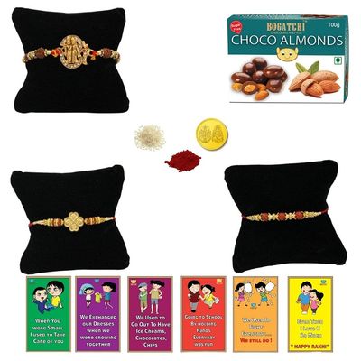 BOGATCHI Rakhi with SugarFree Chocolates Combo|Rakhi Set with Sugar Free Chocolates |Rakhi and Sugar Free Chocolate Almonds(100g)+Rakhi(3) +Roli Chawal+ Rakhi Card +Gold Coin|ChAlmd016