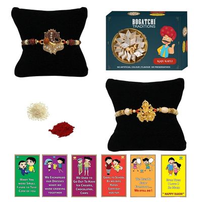 BOGATCHI Rakhi with Sweets, Rakhi for brother with sweets, Rakhi with sweets for brother, Rakhi for brother with gift sweets, Kaju Katli + Rakhi Set of 2 +Roli Chawal+ Rakhi Story Card |KAJURKHI-2-81