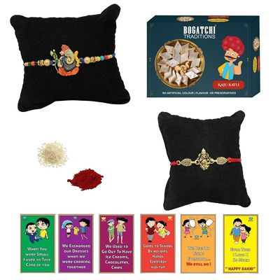 BOGATCHI Rakhi with Sweets, Rakhi for brother with sweets, Rakhi with sweets for brother, Rakhi for brother with gift sweets, Kaju Katli + Rakhi Set of 2 +Roli Chawal+ Rakhi Story Card |KAJURKHI-2-58