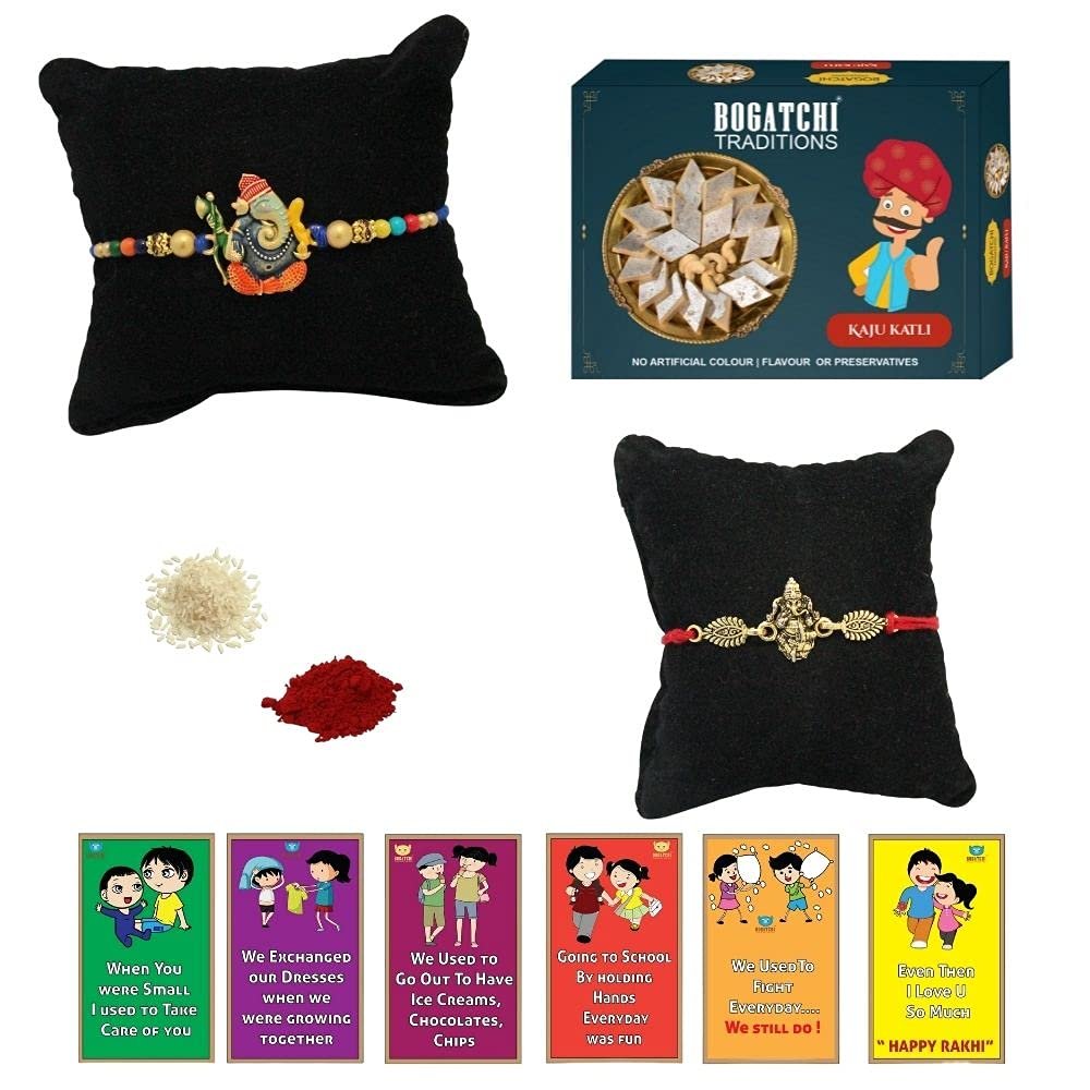 BOGATCHI Rakhi with Sweets, Rakhi for brother with sweets, Rakhi with sweets for brother, Rakhi for brother with gift sweets, Kaju Katli + Rakhi Set of 2 +Roli Chawal+ Rakhi Story Card |KAJURKHI-2-58