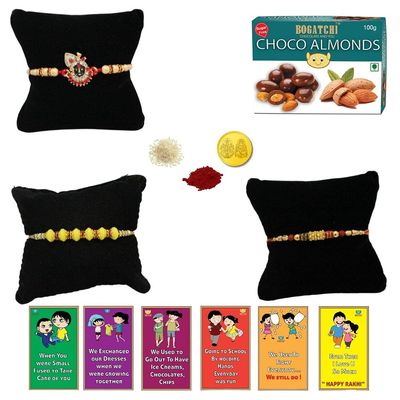BOGATCHI Rakhi with SugarFree Chocolates Combo|Rakhi Set with Sugar Free Chocolates |Rakhi and Sugar Free Chocolate Almonds(100g)+Rakhi(3) +Roli Chawal+ Rakhi Card +Gold Coin|ChAlmd011