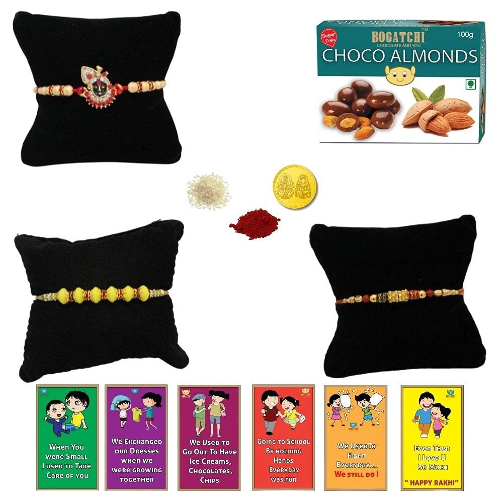 BOGATCHI Rakhi with SugarFree Chocolates Combo|Rakhi Set with Sugar Free Chocolates |Rakhi and Sugar Free Chocolate Almonds(100g)+Rakhi(3) +Roli Chawal+ Rakhi Card +Gold Coin|ChAlmd011