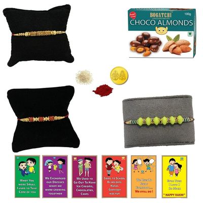 BOGATCHI Rakhi with SugarFree Chocolates Combo|Rakhi Set with Sugar Free Chocolates |Rakhi and Sugar Free Chocolate Almonds(100g)+Rakhi(3) +Roli Chawal+ Rakhi Card +Gold Coin|ChAlmd01