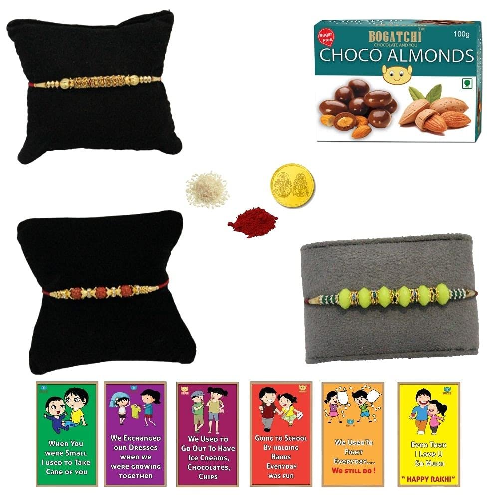BOGATCHI Rakhi with SugarFree Chocolates Combo|Rakhi Set with Sugar Free Chocolates |Rakhi and Sugar Free Chocolate Almonds(100g)+Rakhi(3) +Roli Chawal+ Rakhi Card +Gold Coin|ChAlmd01