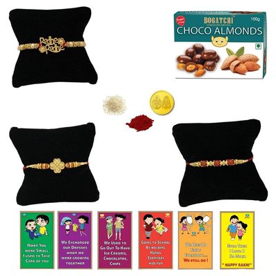 BOGATCHI Rakhi with SugarFree Chocolates Combo|Rakhi Set with Sugar Free Chocolates |Rakhi and Sugar Free Chocolate Almonds(100g)+Rakhi(3) +Roli Chawal+ Rakhi Card +Gold Coin|ChAlmd015