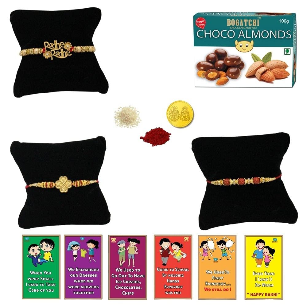 BOGATCHI Rakhi with SugarFree Chocolates Combo|Rakhi Set with Sugar Free Chocolates |Rakhi and Sugar Free Chocolate Almonds(100g)+Rakhi(3) +Roli Chawal+ Rakhi Card +Gold Coin|ChAlmd015