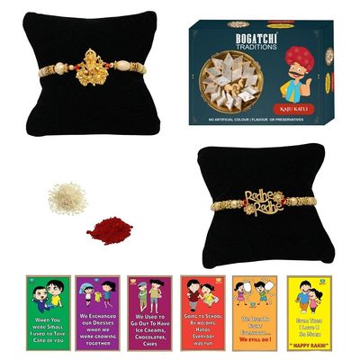 BOGATCHI Rakhi with Sweets, Rakhi for brother with sweets, Rakhi with sweets for brother, Rakhi for brother with gift sweets, Kaju Katli + Rakhi Set of 2 +Roli Chawal+ Rakhi Story Card |KAJURKHI-2-64