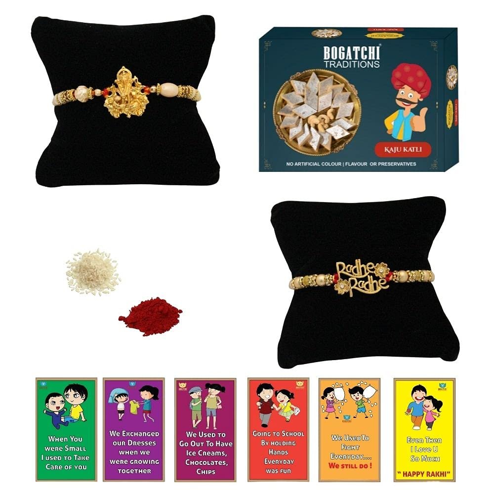 BOGATCHI Rakhi with Sweets, Rakhi for brother with sweets, Rakhi with sweets for brother, Rakhi for brother with gift sweets, Kaju Katli + Rakhi Set of 2 +Roli Chawal+ Rakhi Story Card |KAJURKHI-2-64