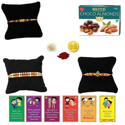BOGATCHI Rakhi with SugarFree Chocolates Combo|Rakhi Set with Sugar Free Chocolates |Rakhi and Sugar Free Chocolate Almonds(100g)+Rakhi(3) +Roli Chawal+ Rakhi Card +Gold Coin|ChAlmd02