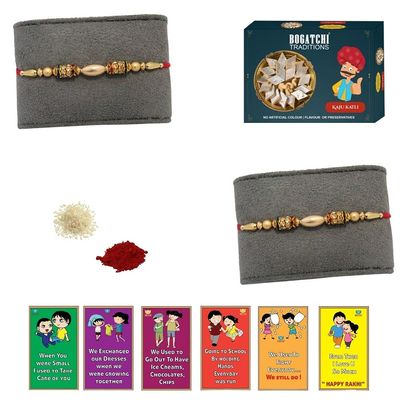 BOGATCHI Rakhi with Sweets, Rakhi for brother with sweets, Rakhi with sweets for brother, Rakhi for brother with gift sweets, Kaju Katli + Rakhi Set of 2 +Roli Chawal+ Rakhi Story Card |KAJURKHI-2-51