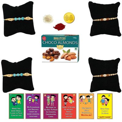 BOGATCHI Rakhi Gift for Brother|Rakhi with Chocoates Combo|Rakhi Set with Chocolates |Rakhi Gift Combo for Brother,Choco Almonds(100g)+Rakhi(4) +Roli Chawal+ Rakhi Card +Gold Coin|ChAlmd048