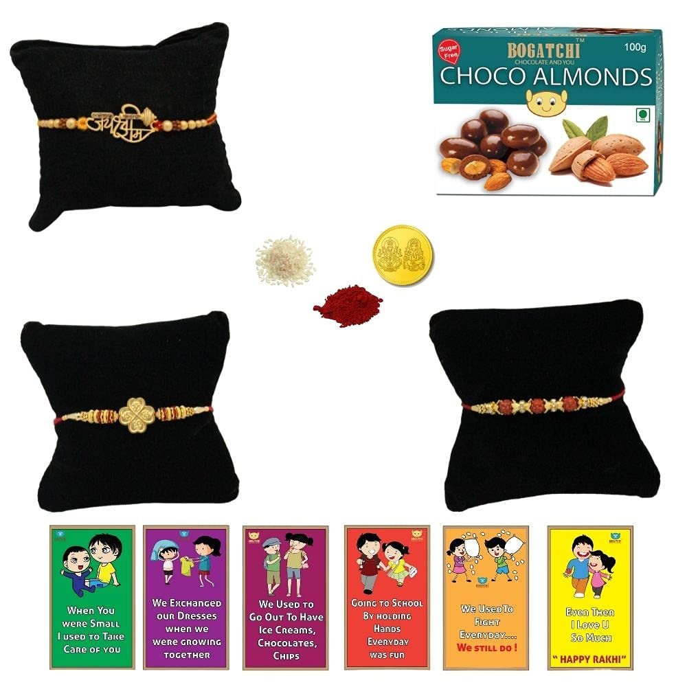 BOGATCHI Rakhi with SugarFree Chocolates Combo|Rakhi Set with Sugar Free Chocolates |Rakhi and Sugar Free Chocolate Almonds(100g)+Rakhi(3) +Roli Chawal+ Rakhi Card +Gold Coin|ChAlmd012