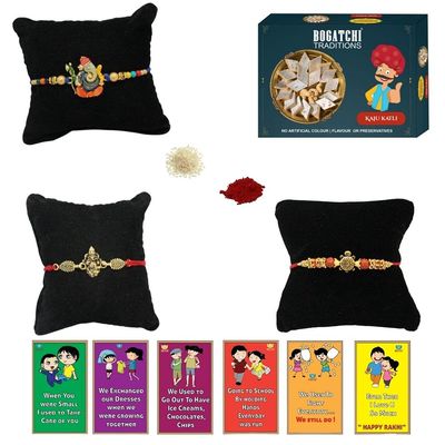BOGATCHI Rakhi with Sweets, Rakhi for brother with sweets, Rakhi with sweets for brother, Rakhi for brother with gift sweets, Kaju Katli + Rakhi Set of 3 +Roli Chawal+ Rakhi Story Card |KAJURKHI-3-100