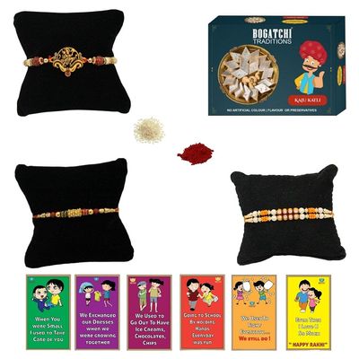 BOGATCHI Rakhi with Sweets, Rakhi for brother with sweets, Rakhi with sweets for brother, Rakhi for brother with gift sweets, Kaju Katli + Rakhi Set of 3 +Roli Chawal+ Rakhi Story Card |KAJURKHI-3-88