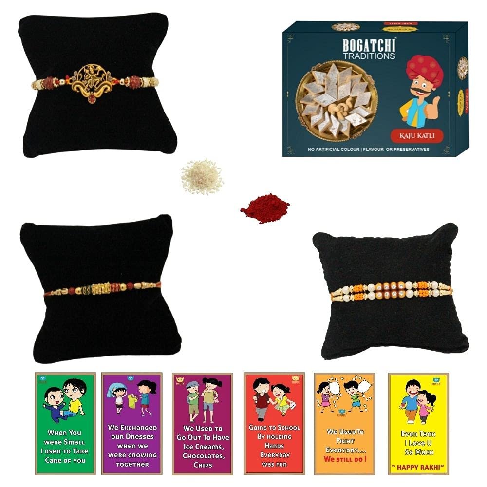 BOGATCHI Rakhi with Sweets, Rakhi for brother with sweets, Rakhi with sweets for brother, Rakhi for brother with gift sweets, Kaju Katli + Rakhi Set of 3 +Roli Chawal+ Rakhi Story Card |KAJURKHI-3-88
