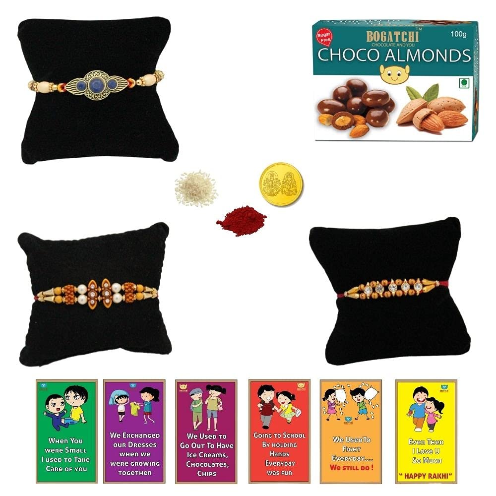 BOGATCHI Rakhi with SugarFree Chocolates Combo|Rakhi Set with Sugar Free Chocolates |Rakhi and Sugar Free Chocolate Almonds(100g)+Rakhi(3) +Roli Chawal+ Rakhi Card +Gold Coin|ChAlmd014