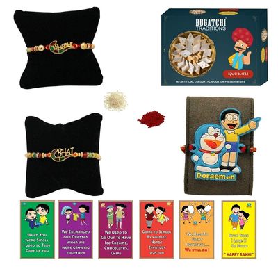 BOGATCHI Rakhi with Sweets, Rakhi for brother with sweets, Rakhi with sweets for brother, Rakhi for brother with gift sweets, Kaju Katli + Rakhi Set of 3 +Roli Chawal+ Rakhi Story Card |KAJURKHI-3-95