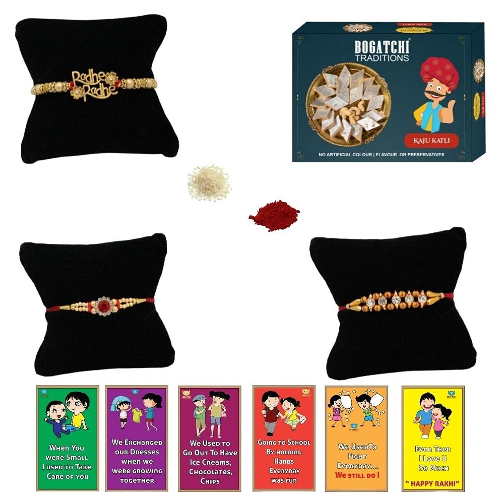 BOGATCHI Rakhi with Sweets, Rakhi for brother with sweets, Rakhi with sweets for brother, Rakhi for brother with gift sweets, Kaju Katli + Rakhi Set of 3 +Roli Chawal+ Rakhi Story Card |KAJURKHI-3-87
