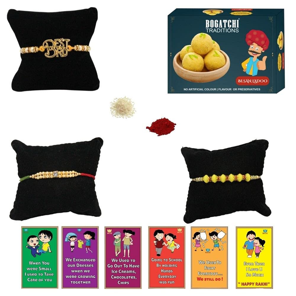 BOGATCHI Rakhi Gift for Brother | Rakhi with Sweets Combo | Rakhi Set with Sweets |Rakhi Gift Combo for Brother|Rakhi Set|Besan Ladoo + Rakhi Set of 3 +Roli Chawal+ Rakhi Story Card |BESRKHI-3-47