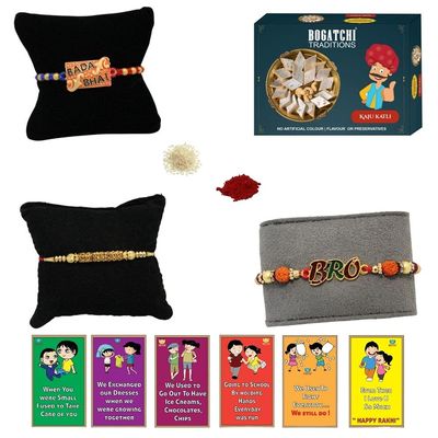 BOGATCHI Rakhi with Sweets, Rakhi for brother with sweets, Rakhi with sweets for brother, Rakhi for brother with gift sweets, Kaju Katli + Rakhi Set of 3 +Roli Chawal+ Rakhi Story Card |KAJURKHI-3-103