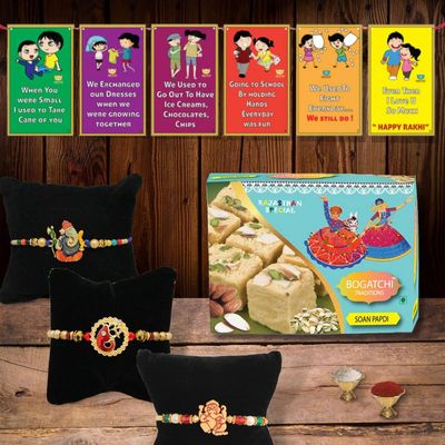 BOGATCHI Rakhi Gift for Brother | Rakhi with Sweets Combo | Rakhi Set with Sweets |Rakhi Gift Combo for Brother|Rakhi Set|Soan Papdi + Rakhi Set of 3 +Roli Chawal+ Rakhi Story Card |BESRKHI-3-65
