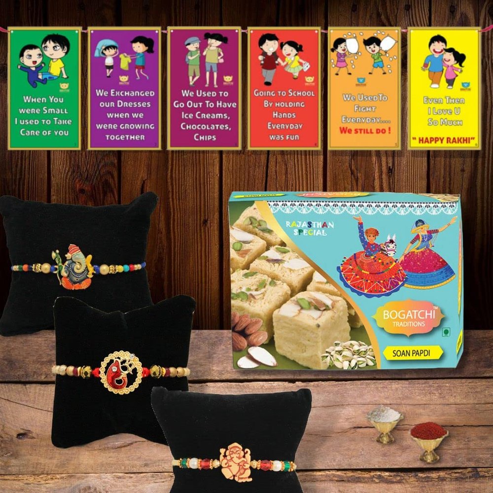BOGATCHI Rakhi Gift for Brother | Rakhi with Sweets Combo | Rakhi Set with Sweets |Rakhi Gift Combo for Brother|Rakhi Set|Soan Papdi + Rakhi Set of 3 +Roli Chawal+ Rakhi Story Card |BESRKHI-3-65