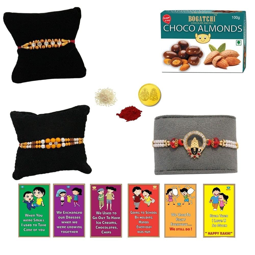 BOGATCHI Rakhi with SugarFree Chocolates Combo|Rakhi Set with Sugar Free Chocolates |Rakhi and Sugar Free Chocolate Almonds(100g)+Rakhi(3) +Roli Chawal+ Rakhi Card +Gold Coin|ChAlmd018