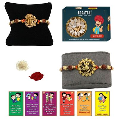 BOGATCHI Rakhi with Sweets, Rakhi for brother with sweets, Rakhi with sweets for brother, Rakhi for brother with gift sweets, Kaju Katli + Rakhi Set of 2 +Roli Chawal+ Rakhi Story Card |KAJURKHI-2-71
