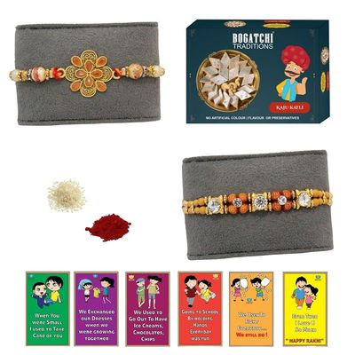 BOGATCHI Rakhi with Sweets, Rakhi for brother with sweets, Rakhi with sweets for brother, Rakhi for brother with gift sweets, Kaju Katli + Rakhi Set of 2 +Roli Chawal+ Rakhi Story Card |KAJURKHI-2-56