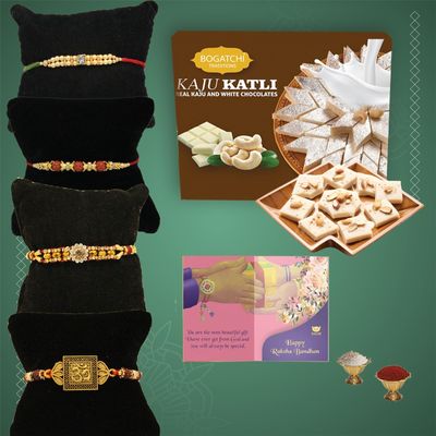 BOGATCHI Rakhi with Sweets, Rakhi for brother with sweets, Rakhi with sweets for brother, Rakhi for brother with gift sweets, Kaju Katli- 4pcs + Rakhi Set of 4 +Roli Chawal+ Rakhi Story Card |KAJURKHI-2-63