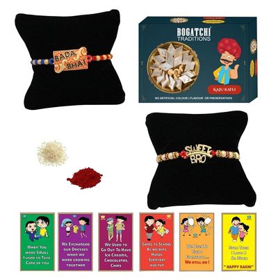 BOGATCHI Rakhi with Sweets, Rakhi for brother with sweets, Rakhi with sweets for brother, Rakhi for brother with gift sweets, Kaju Katli + Rakhi Set of 2 +Roli Chawal+ Rakhi Story Card |KAJURKHI-2-74
