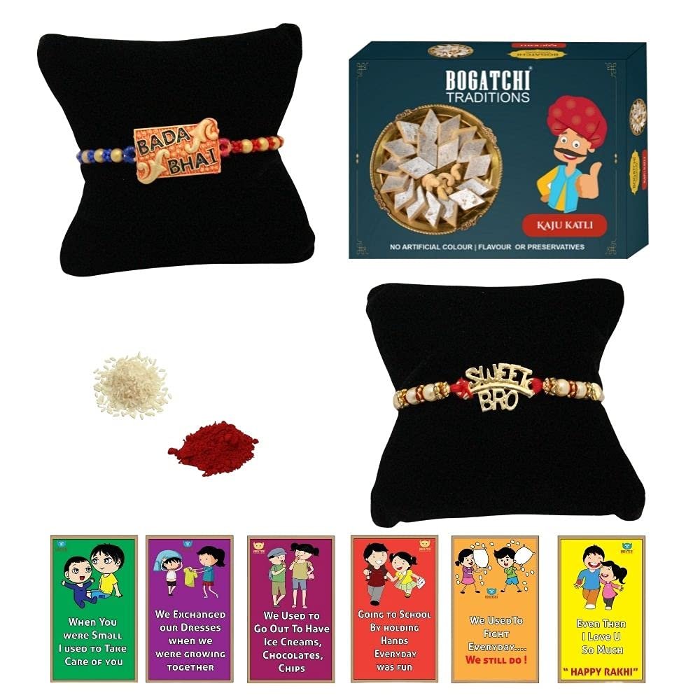 BOGATCHI Rakhi with Sweets, Rakhi for brother with sweets, Rakhi with sweets for brother, Rakhi for brother with gift sweets, Kaju Katli + Rakhi Set of 2 +Roli Chawal+ Rakhi Story Card |KAJURKHI-2-74
