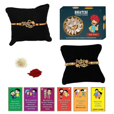 BOGATCHI Rakhi with Sweets, Rakhi for brother with sweets, Rakhi with sweets for brother, Rakhi for brother with gift sweets, Kaju Katli + Rakhi Set of 2 +Roli Chawal+ Rakhi Story Card |KAJURKHI-2-54